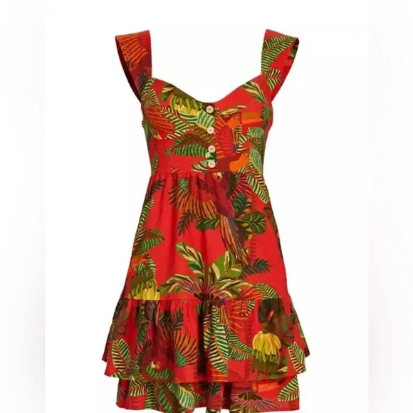 Farm Rio Dress Tropical Toucan Parrot Jungle Linen Sleeveless Red Green B125 - Picture 1 of 6